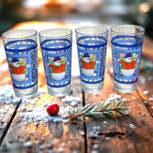 4 KIG Indonesia Vintage Winter Snowman/Scrolls Design Drinking Glasses 6” Tall